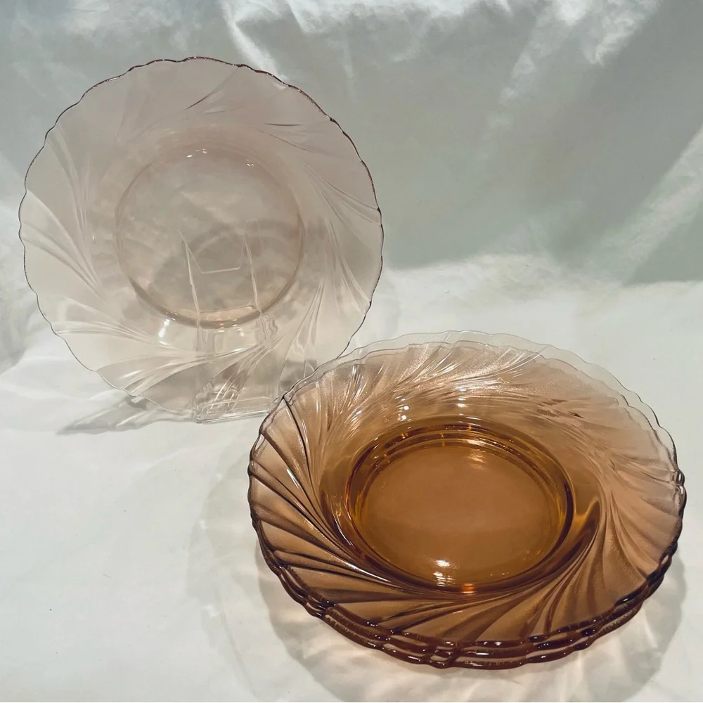 Set (4) Vereco France Pink Swirl Pattern Etched Glass Salad Plates | 8.25” | EUC